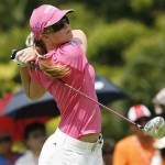 Paula Creamer of the U.S. tees off on the 5th hole during the final round of the HSBC Women's Champions Golf tournament at the Tanah Merah Country Club on Sunday March 8, 2009 in Singapore. (AP Photo/Wong Maye-E)