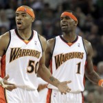 Golden State Warriors' Corey Maggette (50) and Stephen Jackson react to a technical foul called against Jackson during the second half of an NBA basketball game against the Phoenix Suns on Sunday, March 15, 2009, in Oakland, Calif. Jackson was ejected from the game as a result of his second technical foul. (AP Photo/Ben Margot)