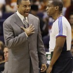 Phoenix Suns' Alvin Gentry, left, argues with referee Derrick Collins in the second quarter of an NBA basketball game against the Philadelphia 76ers on Wednesday, March 18, 2009, in Phoenix. (AP Photo/Ross D. Franklin)