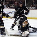 Anaheim Ducks goalie Jonas Hiller watches the puck fly past him in the third period against the Phoenix Coyotes, missing the goal, in an NHL hockey game in Anaheim, Calif., Sunday, March 22, 2009. Hiller allowed only two goals in the Ducks' 6-2 win. (AP Photo/Branimir Kvartuc)