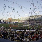 Confetti flies before the final of the World Baseball Classic between Japan and South Korea in Los Angeles, Monday, March 23, 2009. (AP Photo/Ted S. Warren)