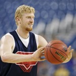 Arizona's Chase Budinger passes the ball during practice at the NCAA Midwest Regional men's college basketball tournament Thursday, March 26, 2009, in Indianapolis. Arizona plays Louisville in a regional semifinal on Friday. (AP Photo/Darron Cummings)