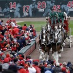 Clydesdale horses parade on the field during festivities before a baseball game between the St. Louis Cardinals and the Pittsburgh Pirates on opening day in St. Louis Monday, April 6, 2009. (AP Photo/Lynne Sladky)