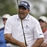 Angel Cabrera of Argentina watches his drive on the eighth tee during the second round of the Masters golf tournament at the Augusta National Golf Club in Augusta, Ga., Friday, April 10, 2009. (AP Photo/Morry Gash)