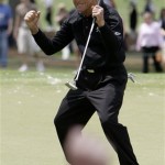 Gary Player of South Africa reacts to his putt on the seventh green during the second round of the Masters golf tournament at the Augusta National Golf Club in Augusta, Ga., Friday, April 10, 2009. (AP Photo/Morry Gash)