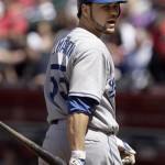 Los Angeles Dodgers' Russell Martin reacts to a called third strike against Arizona Diamondbacks pitcher Dan Haren in the first inning of a baseball game Sunday, April 12, 2009, in Phoenix. (AP Photo/Paul Connors)