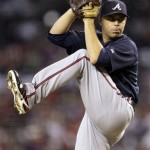 Atlanta Braves' Javier Vazquez throws against the Arizona Diamondbacks in the first inning of a baseball game, Saturday, May 30, 2009, in Phoenix. (AP Photo/Ross D. Franklin)