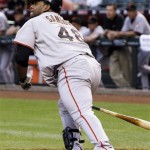 San Francisco Giants' Pablo Sandoval watches his single hit against the Arizona Diamondbacks in the first inning of a baseball game Tuesday, June 9, 2009, in Phoenix. (AP Photo/Ross D. Franklin)