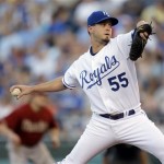 Kansas City Royals starting pitcher Gil Meche delivers during the third inning of a baseball game against the Arizona Diamondbacks on Tuesday, June 16, 2009, in Kansas City, Mo. (AP Photo/Charlie Riedel)