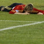 Spain's Fernando Torres reacts after missing a chance during their Confederations Cup semifinal soccer match against the US, at Free State Stadium in Bloemfontein, South Africa, Wednesday, June 24, 2009. The US won 2-0 and advanced to the final. (AP Photo/Paul Thomas)