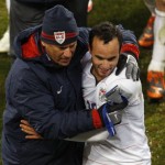 USA's Landon Donovan, right,celebrates with an unidentified team member at the end of their Confederations Cup semifinal soccer match at Free State Stadium in Bloemfontein, South Africa, Wednesday, June 24, 2009. The US won 2-0 and advanced to the final. (AP Photo/Rebecca Blackwell)