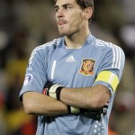 Spain's goalkeeper Iker Casillas reacts during their Confederations Cup semifinal soccer match against the US, at Free State Stadium in Bloemfontein, South Africa, Wednesday, June 24, 2009. The US won 2-0 and advanced to the final. (AP Photo/Paul Thomas)