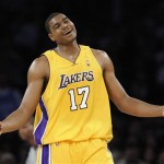 Los Angeles Lakers center Andrew Bynum (17) reacts to a foul in the first half of a NBA basketball game against Phoenix Suns, Thursday, Nov. 12, 2009, in Los Angeles. (AP Photo/Gus Ruelas)