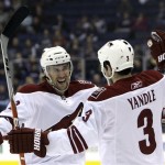 Phoenix Coyotes' Sami Lepisto, left, of Finland, and teammate Keith Yandle celebrate a goal against the Columbus Blue Jackets during the first period of an NHL hockey game Thursday, Dec. 17, 2009, in Columbus, Ohio. (AP Photo/Jay LaPrete)