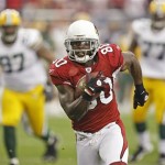 Arizona Cardinals' Early Doucet (80) breaks away for a 15-yard touchdown catch during the first half of an NFL wild-card playoff football game against the Green Bay Packers on Sunday, Jan. 10, 2010, in Glendale, Ariz. (AP Photo/Matt York)