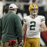 Green Bay Packers coach Mike McCarthy talks to kicker Mason Crosby (2) after Crosby missed a field goal during the first half of an NFL wild-card playoff football game against the Arizona Cardinals on Sunday, Jan. 10, 2010, in Glendale, Ariz. (AP Photo/Ross D. Franklin)