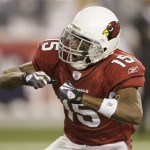 Arizona Cardinals' Steve Breaston reacts after catching a 17-yard touchdown pass during the second half of an NFL wild-card playoff football game against the Green Bay Packers on Sunday, Jan. 10, 2010, in Glendale, Ariz. (AP Photo/Paul Connors)