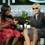 May 10: Host Ellen DeGeneres , right, and recent "American Idol" castoff LaKisha Jones chat during the taping of the third annual "Ellen In The Park" edition of the "Ellen DeGeneres Show" outdoors at Johnny Carson Park across the street from NBC Studios in Burbank, Calif. The show is scheduled to air Monday, May 14. (AP Photo/Reed Saxon)