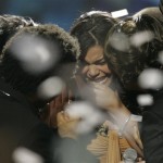 Jordin Sparks reacts to being announced the winner of American Idol as Sanjaya Malakar, Gina Glocksen and Brandon Rogers congratulate her during the finale of 'American Idol.' (AP Photo/Kevork Djansezian)