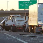 The eastbound Loop 202 at 44th Street was closed for more than three hours following a crash involving two 18-wheelers and a dump truck. (Jim Cross/KTAR)