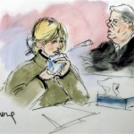 This artist drawing shows Paris Hilton holding a tissue and Superior Court Judge Michael T. Sauer in a Los Angeles County Superior courtroom Friday, June 8, 2007, in Los Angeles. Hilton was sent screaming and crying back to jail Friday after Sauer ruled that she must serve out her sentence behind bars rather than in the comfort of her Hollywood Hills home. (AP Photo/Mona Shafer Edwards)