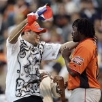 Jose Lopez rushes over to congratulate Los Angeles Angels' Vladimir Guerrero after Guerrero won the All-Star Home Run Baseball Derby in San Francisco, Monday. AP Photo/Jeff Chiu