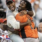 Will Paulinio jumps into his cousin Los Angeles Angels' Vladimir Guerrero's arms after Guerrero won the All-Star Home Run Baseball Derby in San Francisco Monday. AP Photo/Jeff Chiu
