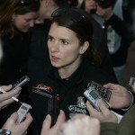 NASCAR driver Danica Patrick speaks to the media after racing in the Nationwide Stater Bros. 300 auto race and finishing in 31st place at Auto Club Speedway in Fontana, Calif., Saturday, Feb. 20, 2010. (AP Photo/Alex Gallardo)