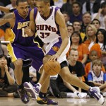 Phoenix Suns forward Grant Hill (33) drives against Los Angeles Lakers guard Shannon Brown during the first quarter of an NBA basketball game Friday, March 12, 2010, in Phoenix. (AP Photo/Matt York)
