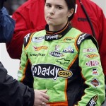 Danica Patrick (7) talks with reporters following a wreck which took her out of the NASCAR Nationwide Series Sam's Town 300 auto race Saturday, Feb. 27, 2010, in Las Vegas. (AP Photo/Isaac Brekken)