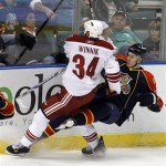 Phoenix Coyotes' Daniel Winnik (34) and Florida Panthers Keaton Ellerby, right, collide during second period NHL hockey action in Sunrise, Fla., Thursday, March 18, 2010. (AP Photo/J Pat Carter)