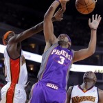Phoenix Suns' Jared Dudley is fouled by Golden State Warriors' Anthony Morrow during the first half of an NBA basketball game Monday, March 22, 2010, in Oakland, Calif. (AP Photo/San Francisco Chronicle, Carlos Avila Gonzalez)