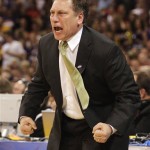 Michigan State head coach Tom Izzo yells instructions to his team during the first half against Northern Iowa in an NCAA Midwest Regional college basketball game Friday, March 26, 2010, in St. Louis. (AP Photo/Jeff Roberson)