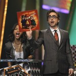 Zoe Saldana, left, and Robert Downey Jr. are seen on stage as they present the favorite movie award at Nickelodeon's 23rd Annual Kids' Choice Awards on Saturday, March 27, 2010, in Los Angeles. (AP Photo/Matt Sayles)