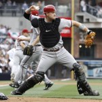 Arizona Diamondbacks catcher Chris Snyder throws out the San Diego Padres' Kevin Correia on a bunt during the second inning of a baseball game Saturday, April 17, 2010 in San Diego. (AP Photo/Denis Poroy)