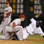 Arizona Diamondbacks shortstop Stephen Drew, front left, tags out Colorado Rockies' Dexter Fowler as he tries to steal second base as Diamondbacks second baseman Kelly Johnson covers in the background during the sixth inning of the Diamondbacks' 5-3 victory in a baseball game on Monday, April 26, 2010, in Denver. (AP Photo/David Zalubowski)
