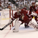 Phoenix Coyotes goalie Ilya Bryzgalov (30) stops a shot against the Detroit Red Wings during the first period of Game 7 of an NHL first-round playoff hockey series Tuesday, April 27, 2010, in Glendale, Ariz. (AP Photo/Ross D. Franklin)