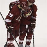 Phoenix Coyotes left wing Vernon Fiddler (38) and Lee Stempniak leave the ice after Phoenix lost Game 7 of an NHL first-round playoff hockey series against the Detroit Red Wings Tuesday, April 27, 2010 in Glendale, Ariz. The Red Wings won 6-1 to advance to the second round. (AP Photo/Matt York)
