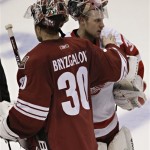 Phoenix Coyotes goalie Ilya Bryzgalov (30) greets Detroit Red Wings goalie Jimmy Howard after Game 7 of an NHL first-round playoff hockey series Tuesday, April 27, 2010 in Glendale, Ariz. The Red Wings won 6-1 to advance to the second round. (AP Photo/Matt York)