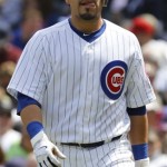Chicago Cubs' Geovany Soto reacts after being called out on strikes during the third inning of a baseball game against the Arizona Diamondbacks Thursday, April 29, 2010, in Chicago. (AP Photo/Nam Y. Huh)
