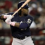 Milwaukee Brewers' Rickie Weeks uses a pink bat and wears his pink wrist band while at-bat in honor of Mother's Day and Breast Cancer Awareness during the first inning of a baseball game against the Arizona Diamondbacks Sunday, May 9, 2010, in Phoenix. (AP Photo/Matt York)