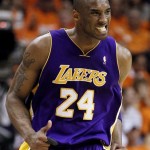 Los Angeles Lakers guard Kobe Bryant reacts against the Phoenix Suns during the second half of Game 6 of the NBA basketball Western Conference finals Saturday, May 29, 2010, in Phoenix. (AP Photo/Chris Carlson)
