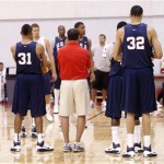 Team USA head coach Mike Krzyzewski, center, talks with his players during a USA Basketball men's national team during practice, Tuesday, July 20, 2010 in Las Vegas. (AP Photo/Isaac Brekken)