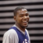 Team USA's Kevin Durant laughs during a USA Basketball men's national team practice, Tuesday, July 20, 2010 in Las Vegas. (AP Photo/Isaac Brekken)
