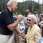 Vice President Biden greets Ruth MacDonald after speaking at Yellowstone National Park in Grand Junction, Wyo. on Monday, July 26, 2010. Hundreds of stimulus-funded projects under way in national parks across the U.S. are long-overdue upgrades to the country's neglected "national jewels," Vice President Joe Biden said Monday. Biden began a two-day tour highlighting Recovery Act projects in Yellowstone and Grand Canyon national parks by speaking to about 100 park workers, contractors and their families in the scenic Madison Valley, where the famous Madison River is formed in the shadow of 7,500-foot National Park Mountain. (AP Photo/Janie Osborne)