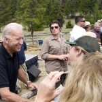 Vice President Biden greats supporters after a speech at Yellowstone National Park in Grand Junction, Wyo. on Monday, July 26, 2010. Hundreds of stimulus-funded projects under way in national parks across the U.S. are long-overdue upgrades to the country's neglected "national jewels," Vice President Joe Biden said Monday. Biden began a two-day tour highlighting Recovery Act projects in Yellowstone and Grand Canyon national parks by speaking to about 100 park workers, contractors and their families in the scenic Madison Valley, where the famous Madison River is formed in the shadow of 7,500-foot National Park Mountain. (AP Photo/Janie Osborne)