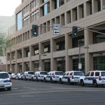 Police prepare in downtown Phoenix for a pro-immigrants rights march on Thursday, July 29, 2010, a day after a judge blocked key portions of Arizona controversial anti-illegal immigration law. (Photo by Jim Cross/KTAR)