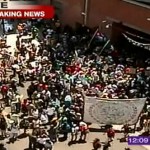 This screen grab from AZTV3 shows the scene outside the Fourth Avenue Jail as protestors demonstrate against Sheriff Joe Arpaio. 