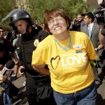 A protester is arrested Thursday, July 29, 2010 in Phoenix while rallying against Arizona's new immigration law, SB1070. Opponents of Arizona's immigration crackdown went ahead with protests Thursday despite a judge's ruling that delayed enforcement of most the law. (AP Photo/Matt York)