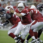 Arizona Cardinals quarterback Matt Leinart drops back from the line against the Houston Texans during the first quarter of an NFL preseason football game Saturday, Aug. 14, 2010 in Glendale, Ariz. (AP Photo/Paul Connors)